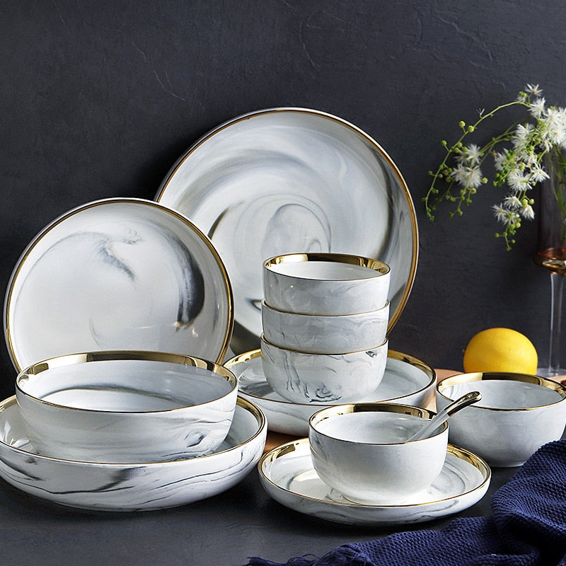 Marble ceramics plates and bowls set dinnerware sets